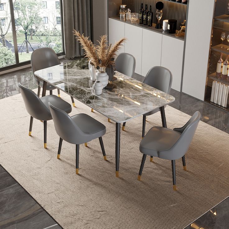 Contemporary Rectangle Stone Table for Restaurant Black Metal Pedestal Dining Table