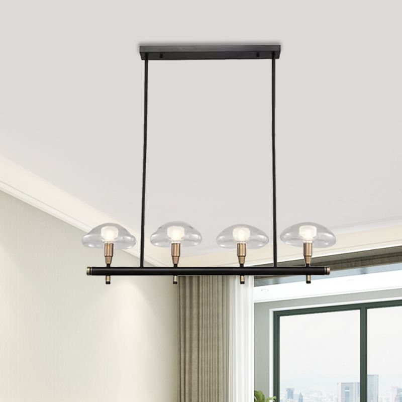 Clear Shade Mushroom Linear Pendant 4/6 Lights Glass Island Lighting in Black for Restaurant