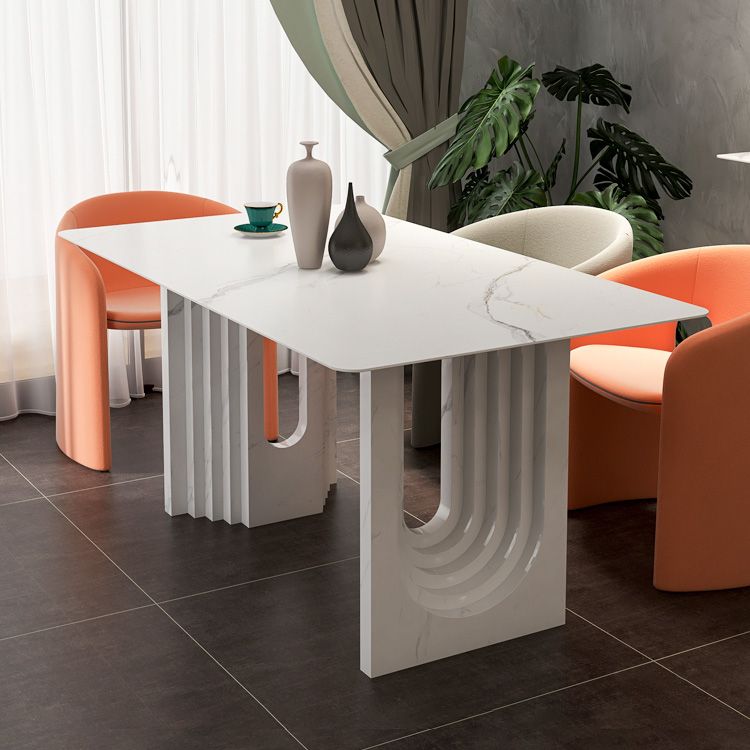 47.24''L Contemporary Sintered Stone Table White Dining Table with Double Pedestal Bases