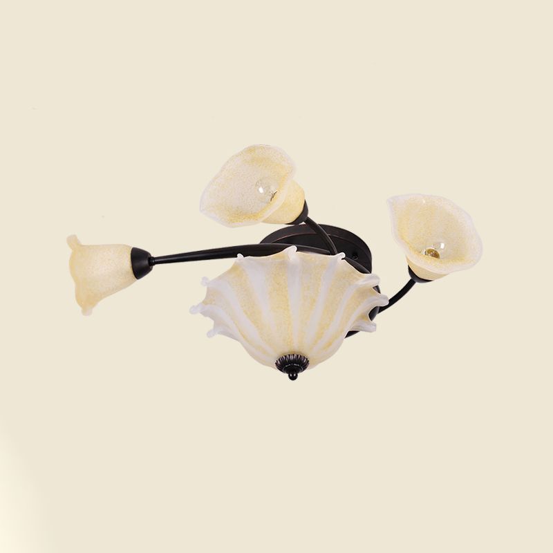 3-Light Flush Mount Lamp Countryside Whirled Frosted Glass Ceiling Lighting in Black