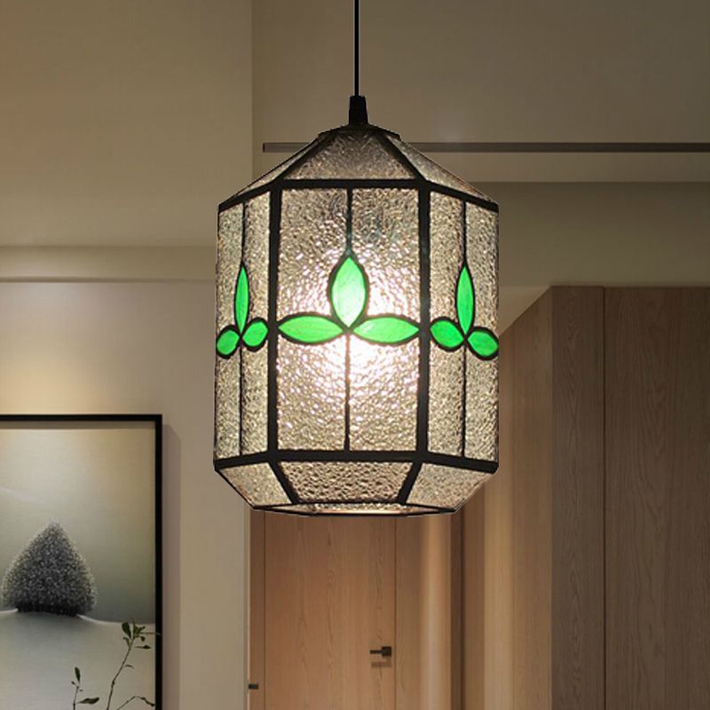 Cylinder Stainless Glass Hanging Light Tiffany Style 1 Light Red/Green Down Lighting with Rhombus/Leaf Pattern