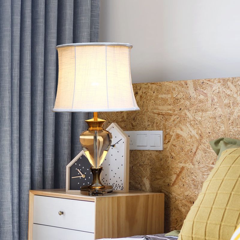 Minimalism Oval Night Lamp 1 Light Clear Crystal Nightstand Light in Beige with Fabric Shade