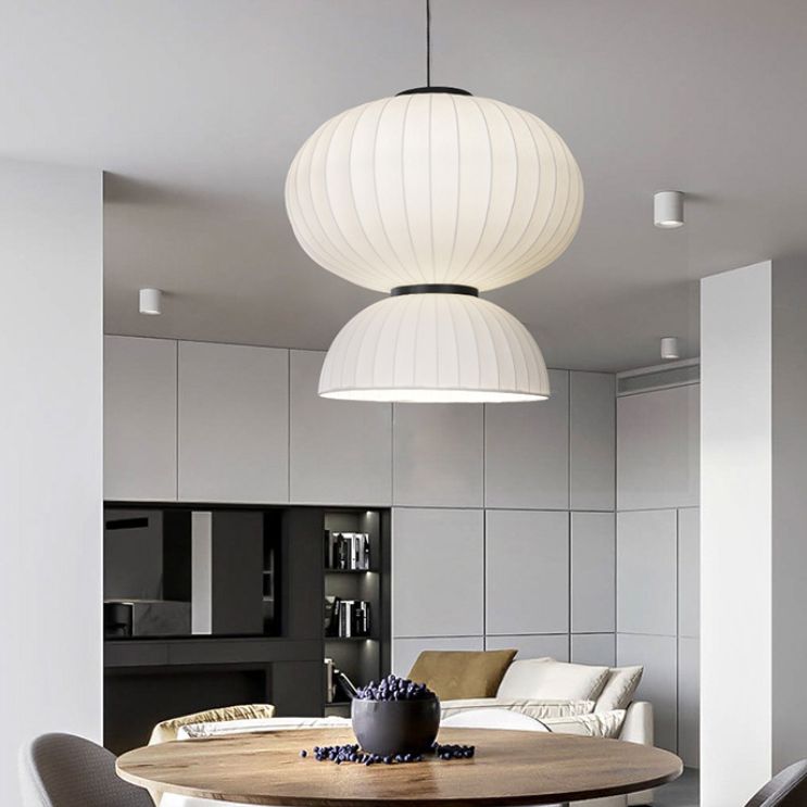 White Geometric Silk Pendant Light Nordic Modern Down Lighting for Living Room