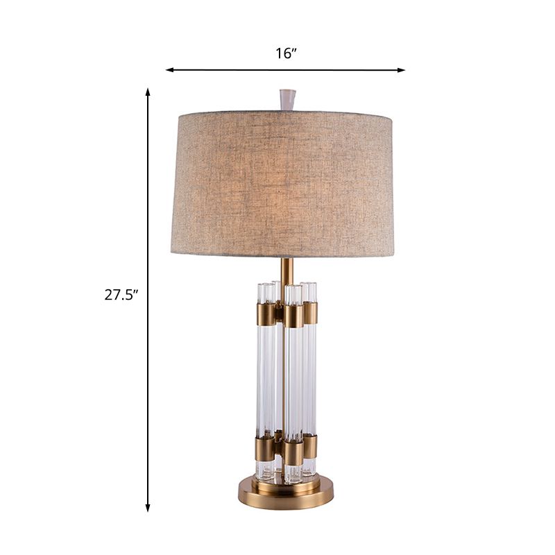 Lampada da tavolo in tamburo di lino Illuminazione tradizionalista Lampada da tavolo per camera da letto a 1 luce con base cilindrica in cristallo