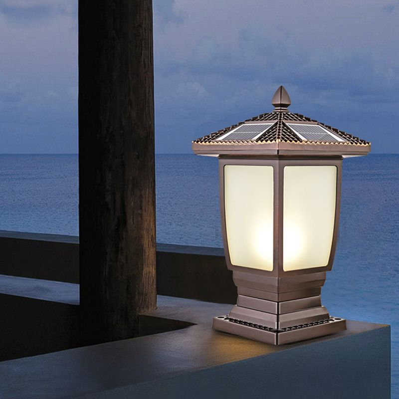 Contemporary Metal Pillar Lamp Pavilion Shape Outdoor Waterproof Light with Glass Shade