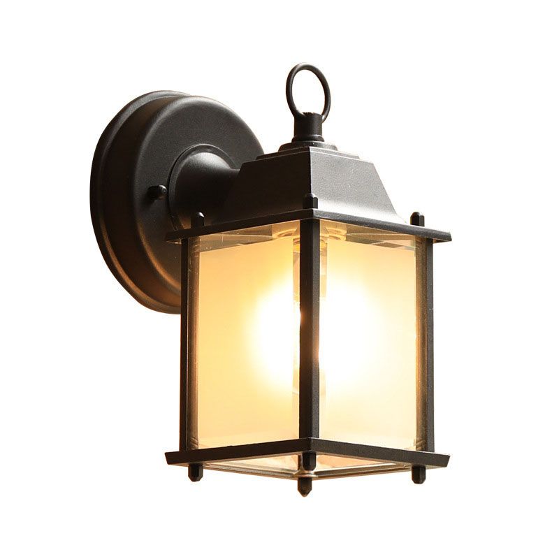 Glass Rectangle Shade Wall Sconce Rustic 1 Bulb Courtyard Wall Light Fixture in Black