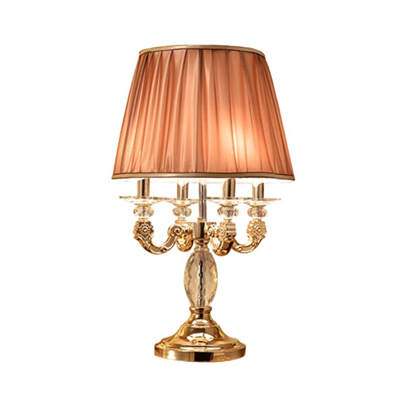 Metal Candelabra Shaded Table Light Traditional 4 Heads Sleeping Room Nightstand Lamp in Gold with Crystal Raindrops