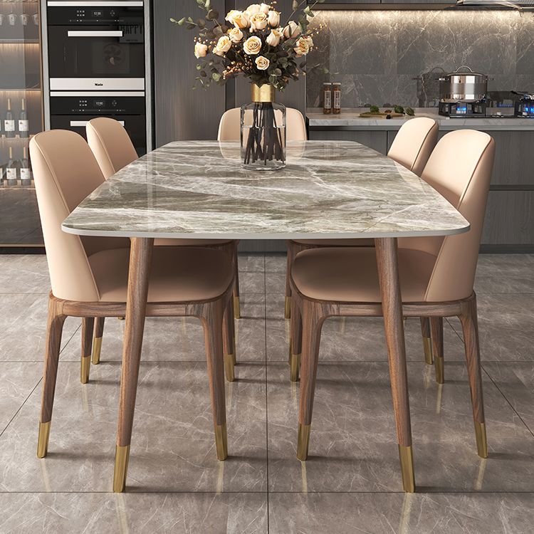 Rectangle Stone Top Dining Table Mid-Century Solid Wood Legs for Home Kitchen Dinner