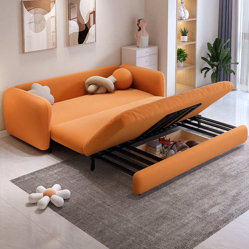 Orange Sleeper Sofa with Tight Back and Square Arms in Faux Leather