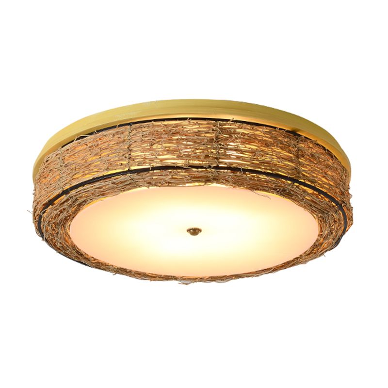 Round Shape Ceiling Lamp Asian Style Rattan 3 Lights Flush Mount for Bedroom