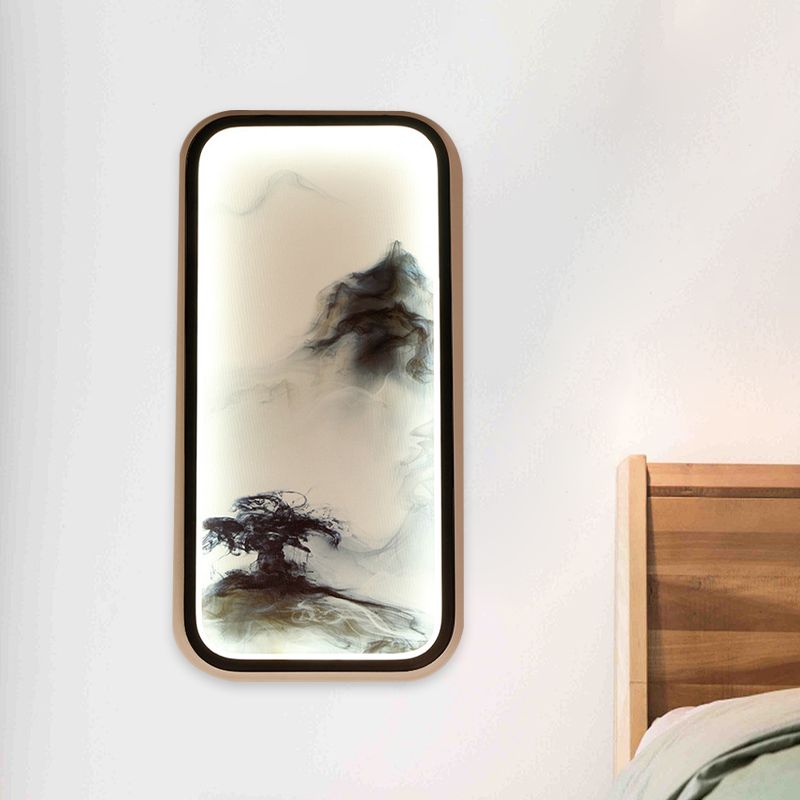 Rectangle Shaped Mountain Wall Mount Light Oriental Metallic LED Black Wall Mural Lamp for Living Room