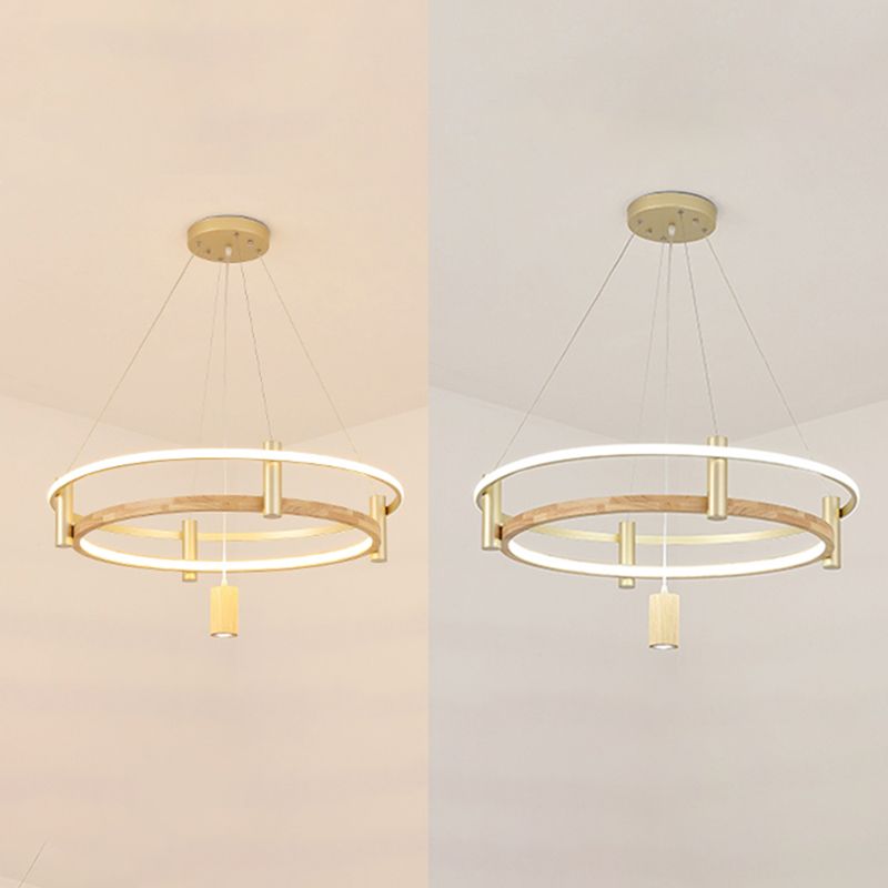 Natural Wood Circle Chandelier Simplicity LED Pendant Light with Spotlight