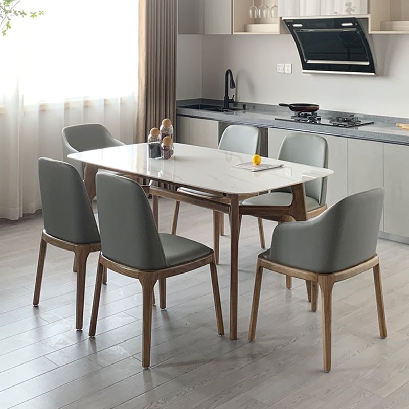 White Stone Top Table Mid-Century Modern Table with 4 Wood Legs