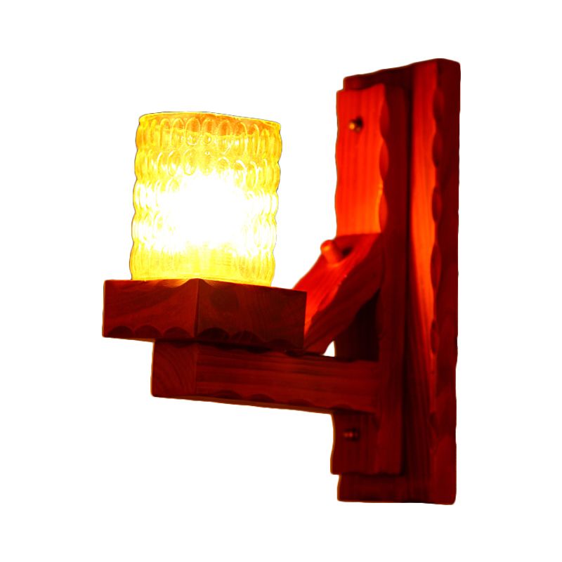 Red Brown Cylinder Wall Mount Lamp Traditional Dimple Glass 1/2-Light Bedroom Sconce Light Fixture with Wood Arm