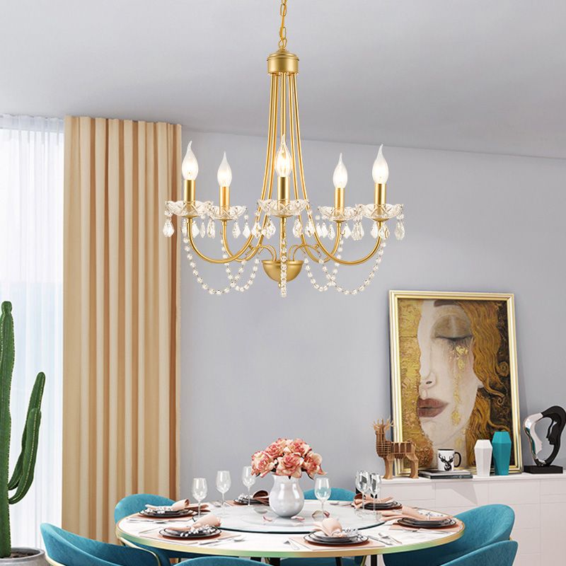 Candle Suspended Lighting Fixture American Style Multi-Head Hanging Pendant Lights with Crystal Bead