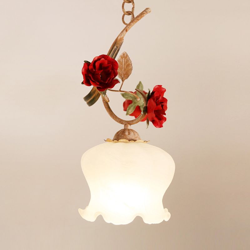 1 Glühbirne Down Lighting Anhänger amerikanischer Blütensalat-Kanten-Frostglas-Federlampe in rot