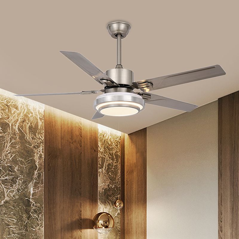 Luz de ventilador colgante de círculo metálico Modernismo 48 "W LED LED SEMI FLUSH LAMP en níquel con 5 cuchillas plateadas, conversión de frecuencia/general