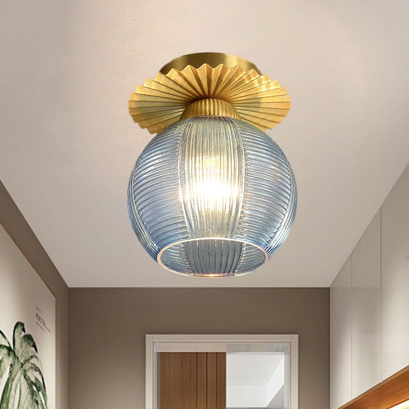 Global Semi Flush Contemporain Clair/Blanc/Bleu Prisme Verre Ampoule Unique Couloir Près du Plafonnier