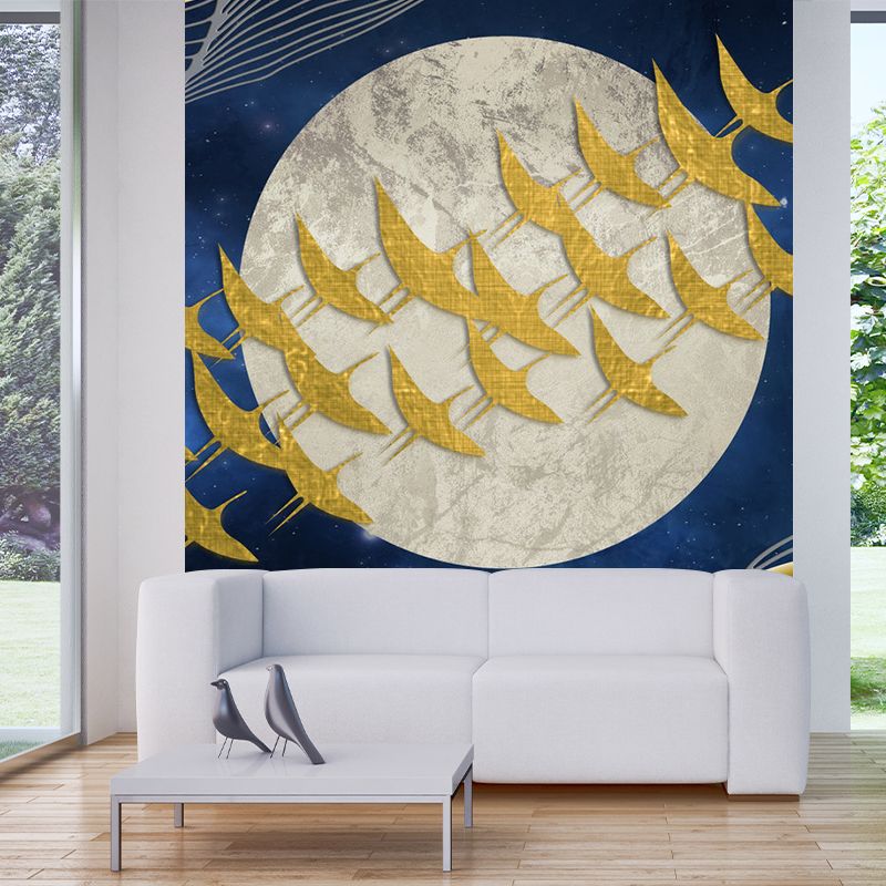 Personalized Illustration Artistry Mural with Flock of Birds Fly Across Full Moon in Yellow-Blue