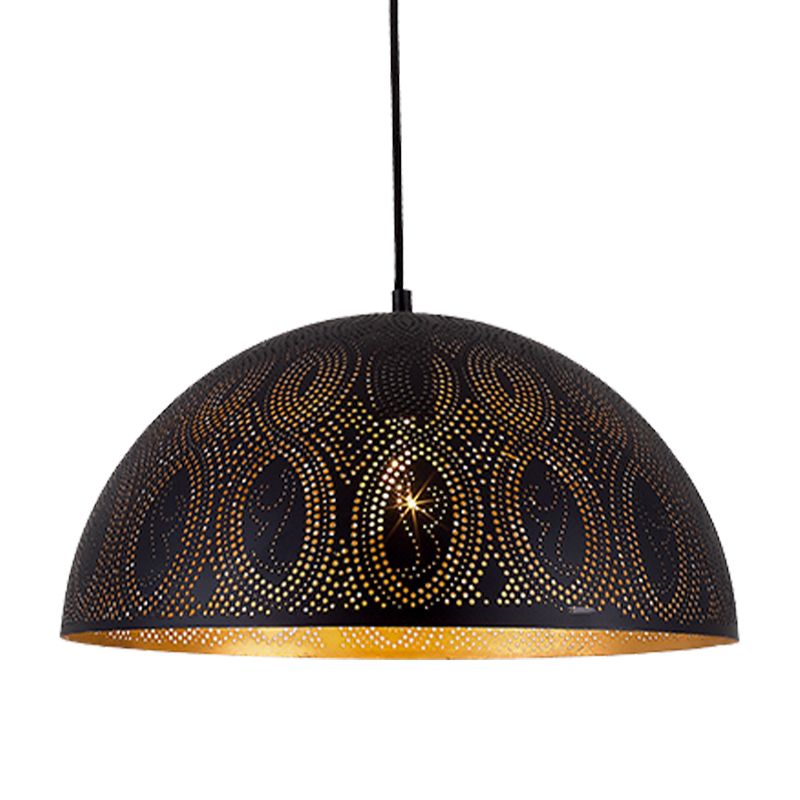 1-Light Dome Pendant Arab Style Black Metal Hanging Ceiling Lamp with Spot/Rhombus/Circle Pattern