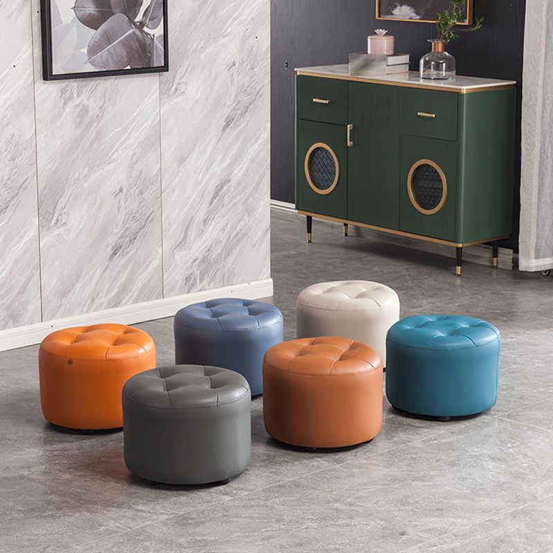 Modern Pouf Ottoman Faux Leather Upholstered Tufted Solid Color Cylinder Shape Ottoman