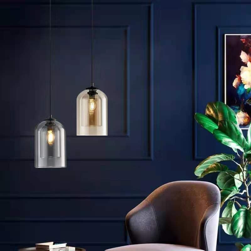 Lampada a sospensione nera doppia in vetro in moderna luce a campana di ferro in stile creativo per sala da pranzo