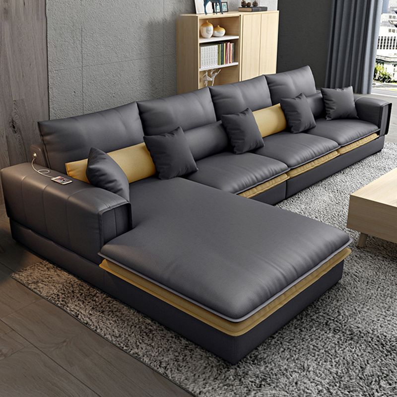 Contemporary Stationary Faux Leather Recessed Arm Pillows Sofa Chaise