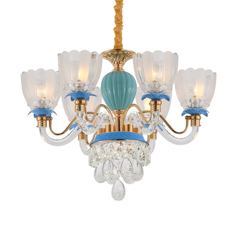 6 koppen bloemvormige kroonluchter lamp traditionele blauwe kristallen ophanging hanger