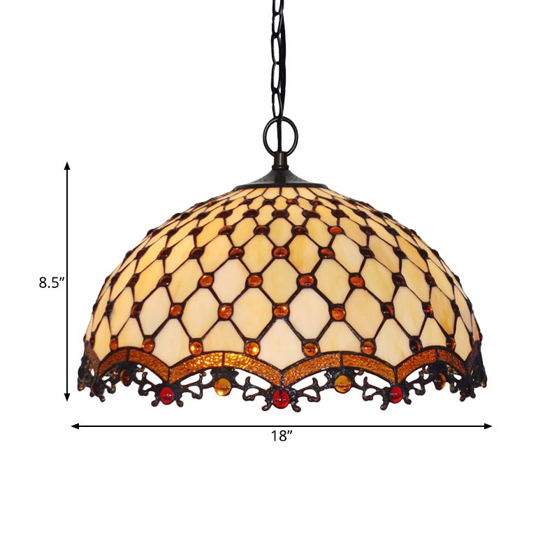Beige Stained Glass Ceiling Lamp Scalloped 1 Light Mediterranean Suspension Pendant Light for Kitchen