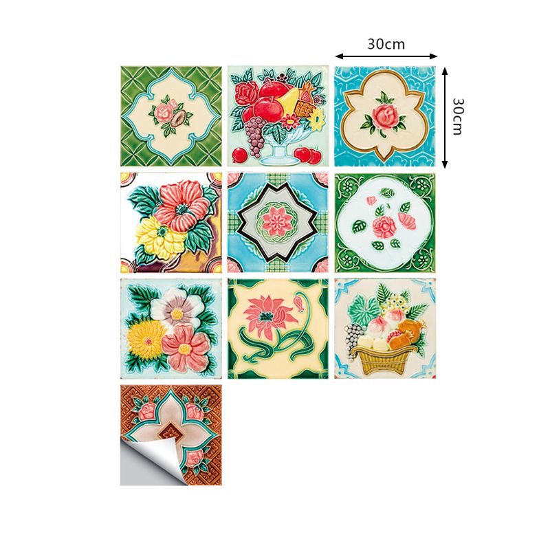 Countryside Flowers Wallpaper Panels 10 Pieces Green Stick On Wall Covering for Dining Room