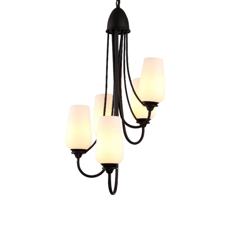 Éclairage pendentif en forme de tasse noire Verre givrée traditionnelle 5/7 lumières salon lustre pour le salon