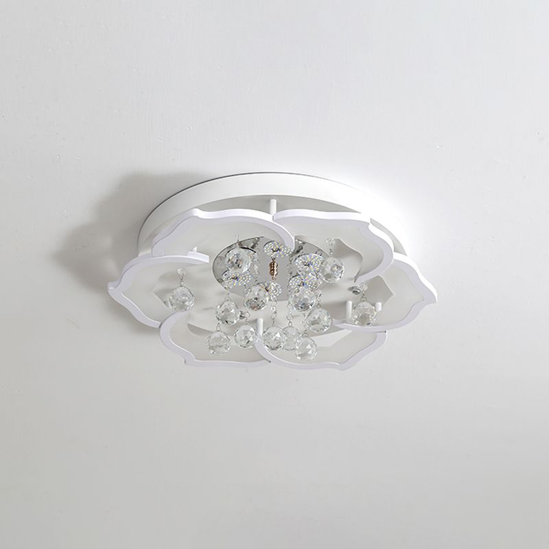 LED Bedroom Flushmount Lighting Simple White Finish Crystal Ceiling Light Fixture with Bloom Acrylic Shade in Warm/White Light, 21.5"/25.5" W