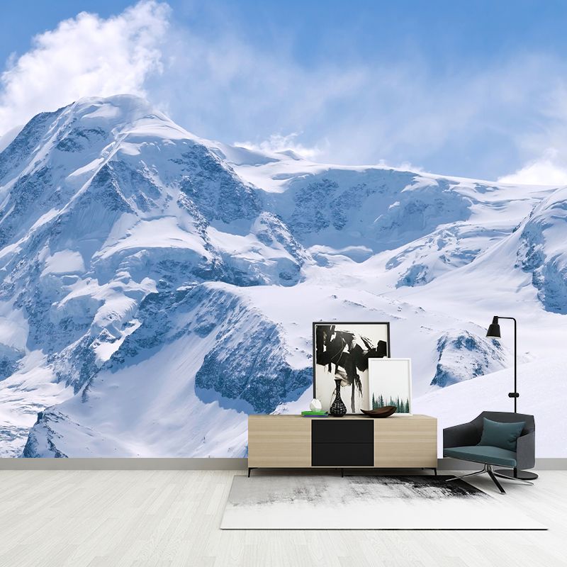 Big Snowy Field Wall Murals for Living Room Mountain Wall Decor in Blue-White, Moisture Resistant
