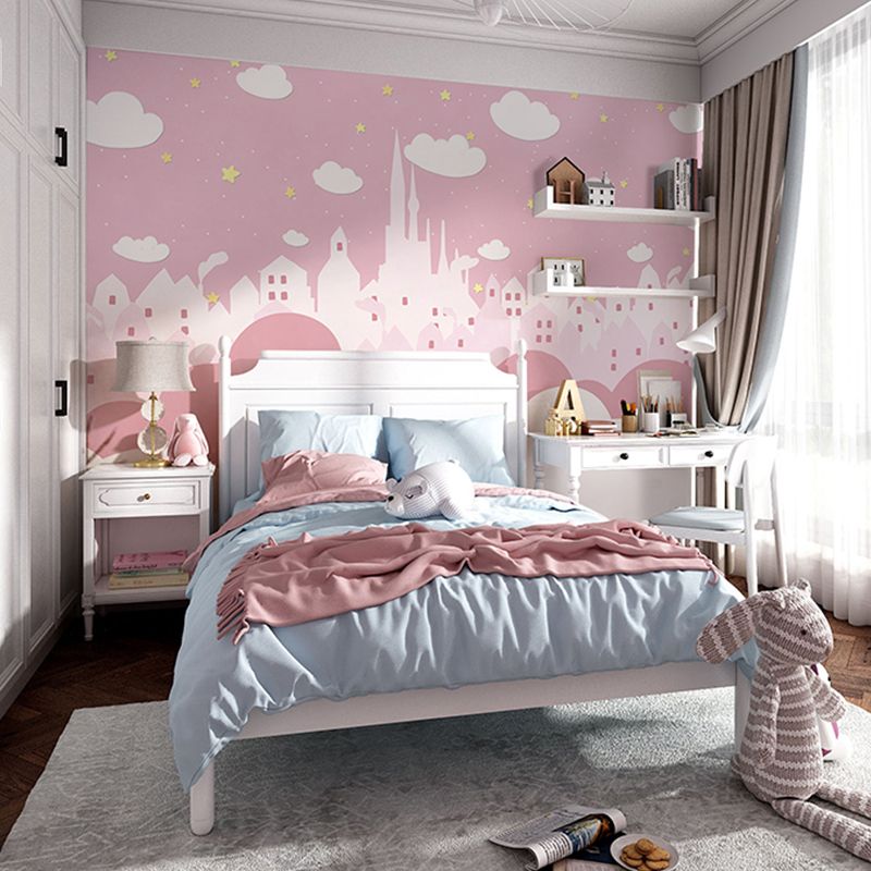 Extra Large Castle Wall Decor in Pink Non-Woven Fabric Wall Mural for Girl, Custom-Printed