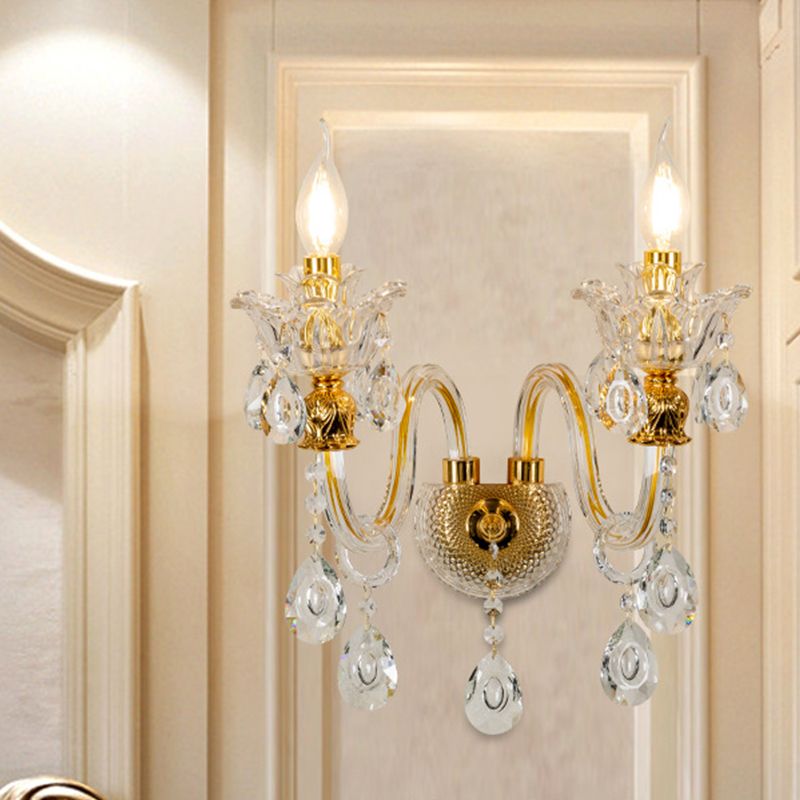 Candelabra Clear Crystal Glass Sconce Mid Century 2-Light Living Room Wall Lamp in Gold