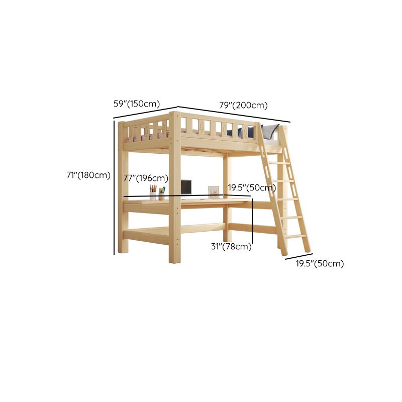 Contemporary Loft Bed Natural Solid Wood Kids Bed with Guardrail