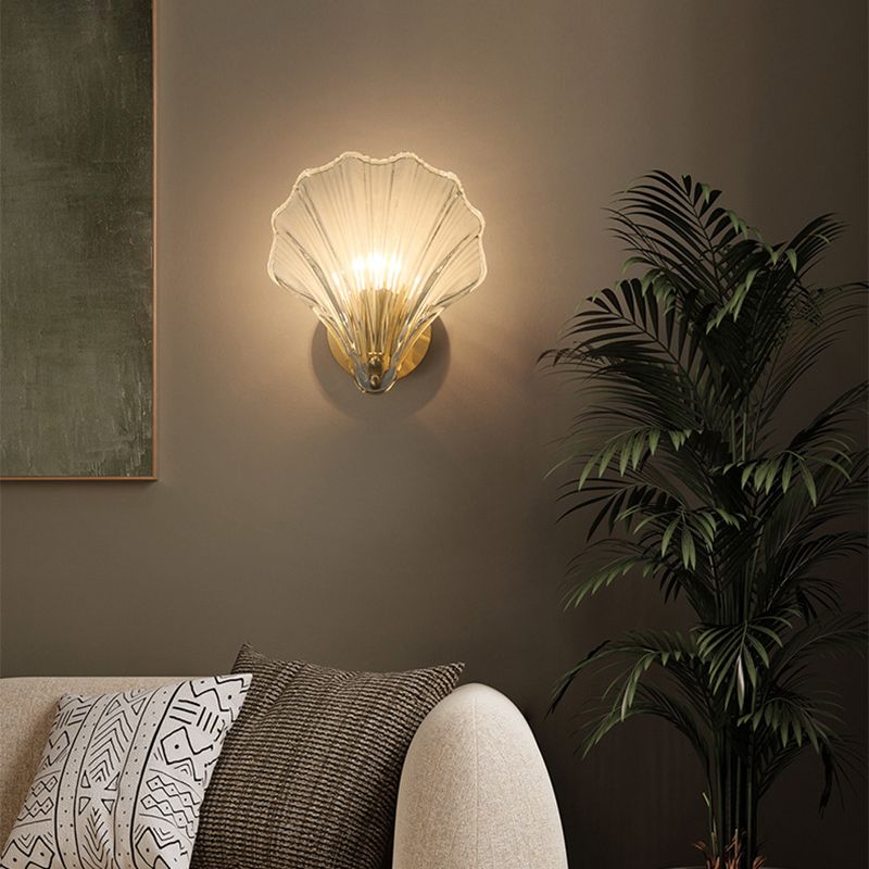 Solid Brass and Glass Wall Sconce 1 - Light Shell Shape Wall Light in Gold