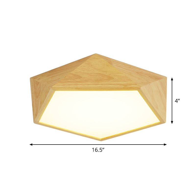Wood Pentagon Frame Ceiling Lighting Modern 16.5"/20.5"/24.5" Wide LED Flush Mount Lamp Fixture in Beige, Warm/White Light