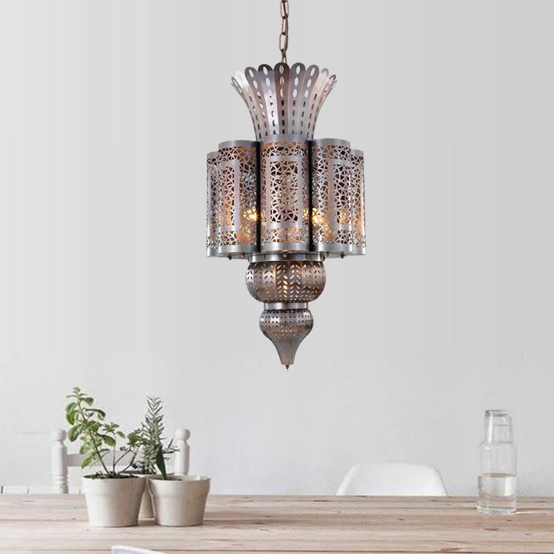 Vintage Hollow-Out Pendant Light 4 Bulbs Metallic Chandelier Ceiling Lamp in Bronze
