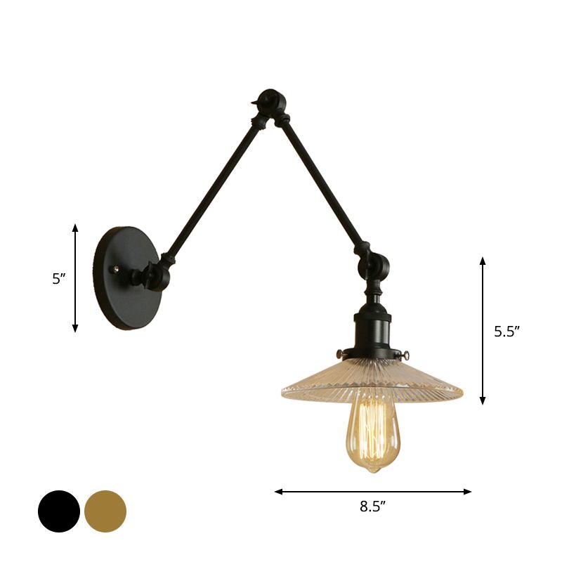 Saucer Shade Studio Task Wall Lamp Loft Style Ribbed Glass 1 Head Black-Brass/Black Swing Arm Wall Mount Light Fixture