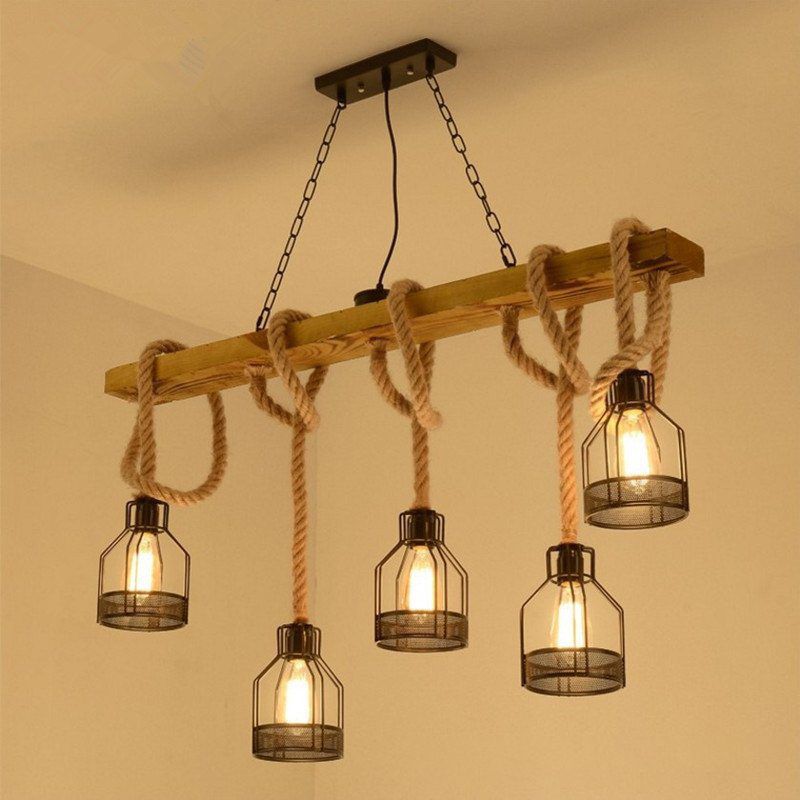 5-Head Rope Pendant Lamp Industrial Beige Linear Restaurant Island Light with Cage