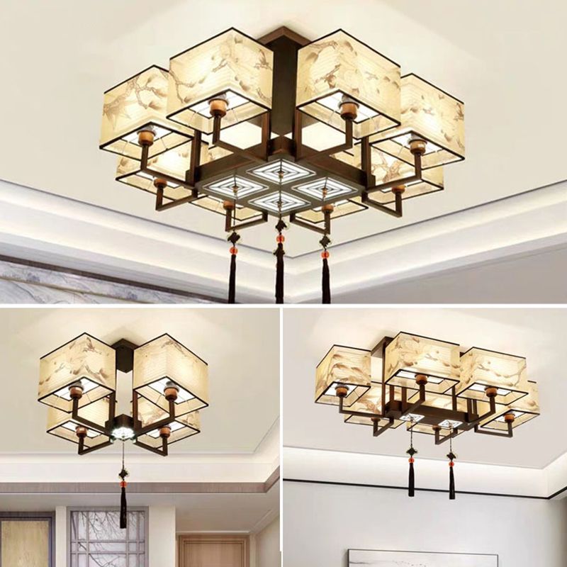 Braune Halbflush -Mount -Lampe Traditioneller Stil Schmiedeeisen Deckenleuchte mit quadratischem Stoff Schatten