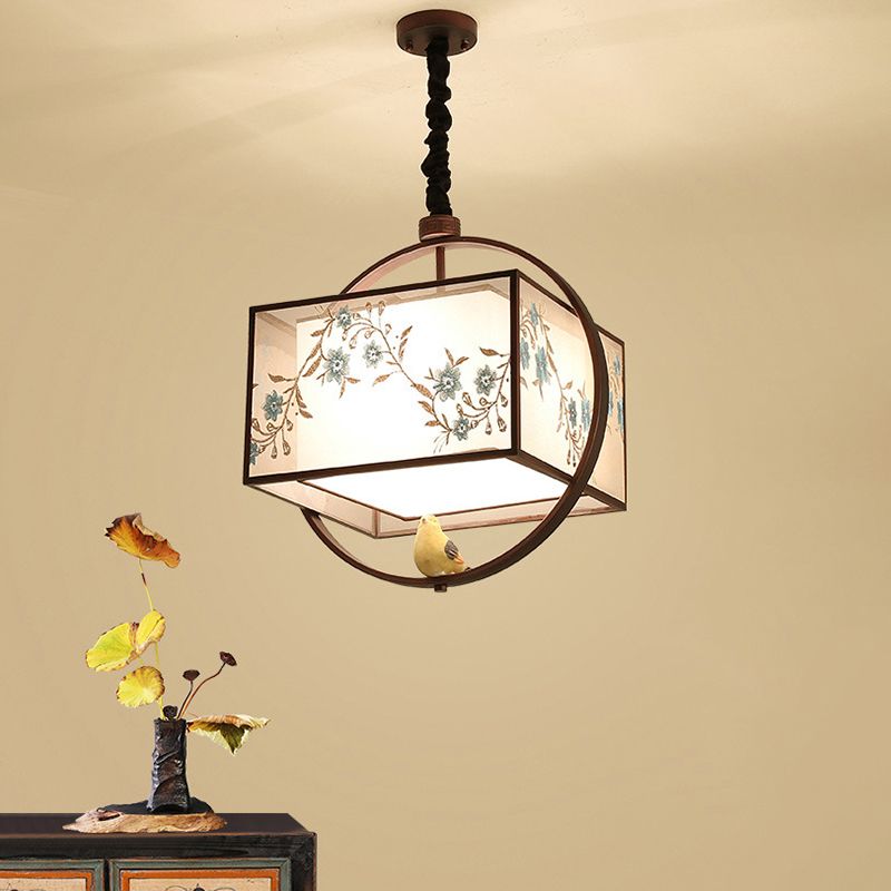 Square Fabric Suspension Pendant Light Chinese Style Black Hanging Ceiling Light