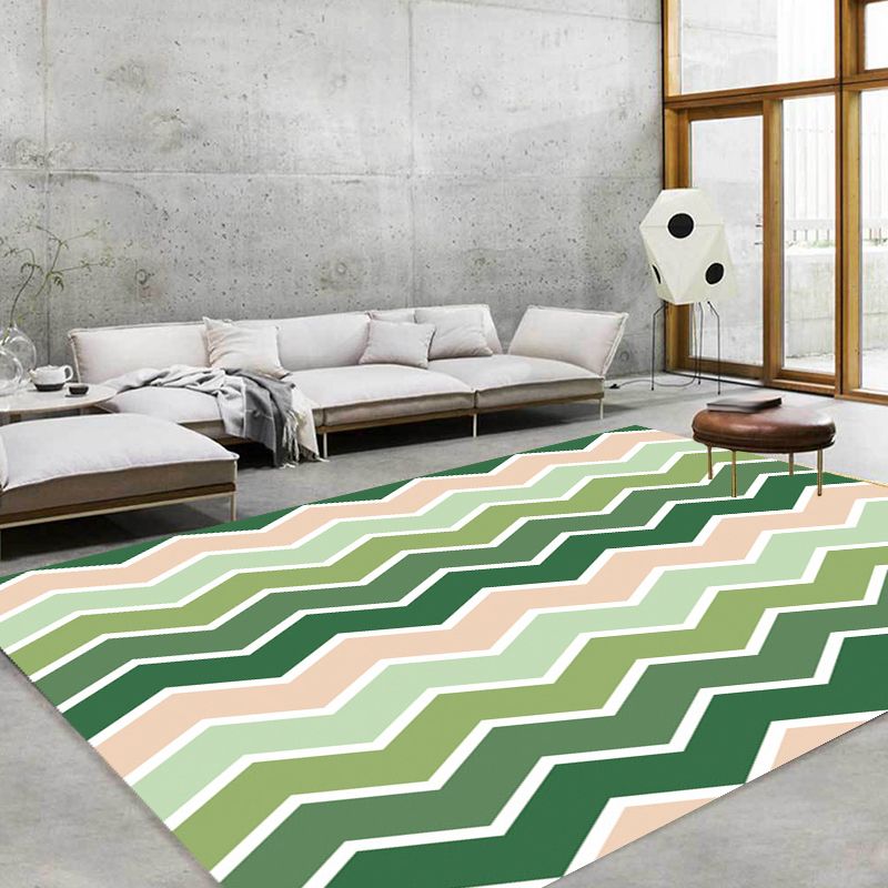 Green Bedroom Rug Modern Stripe Wave Pattern Area Rug Polyester Washable Non-Slip Backing Carpet