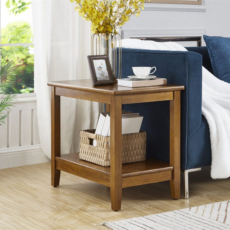 Traditional Rectangular Double Tier Side Table Wood 4 Legs End Table with Shelf