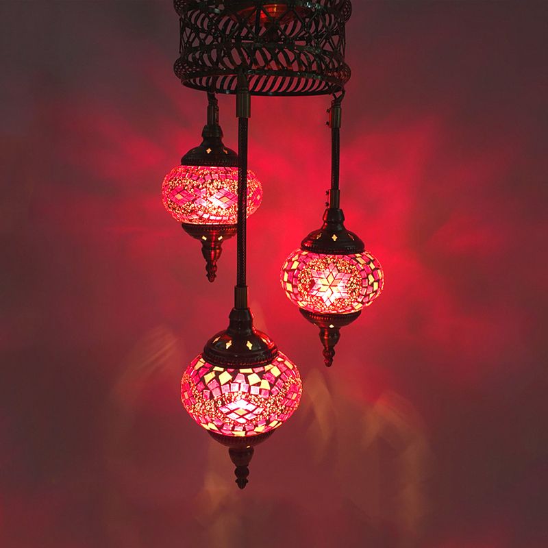 3 Bulbs Sphere Ceiling Chandelier Tradition Pink/Red-Blue-Coffee Glass Suspended Lighting Fixture