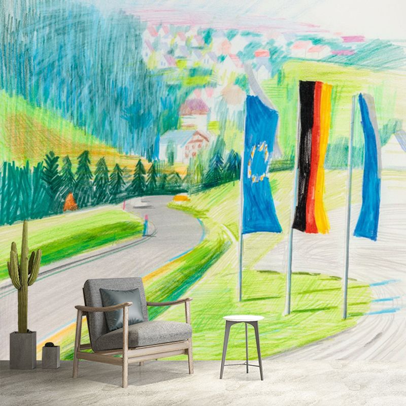Scenery Roadside Flags Wall Mural Modern Art Non-Woven Wall Decoration in Blue-Green