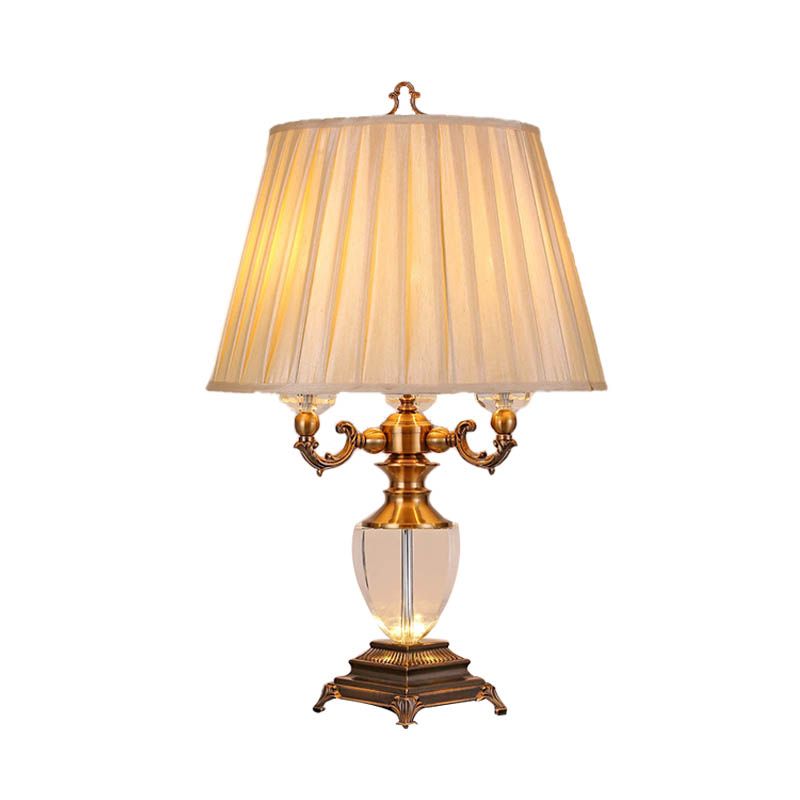 Pleated Shade Bedroom Table Light Rustic Fabric 3 Lights Beige Nightstand Lamp with Crystal Accent