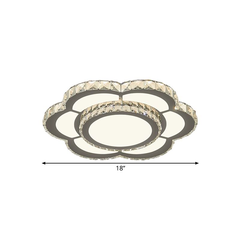 Chrome LED Flower Ceiling Flush Mount Simple Faceted Crystal Flushmount Lighting in Warm/White Light, 18"/23.5" Wide