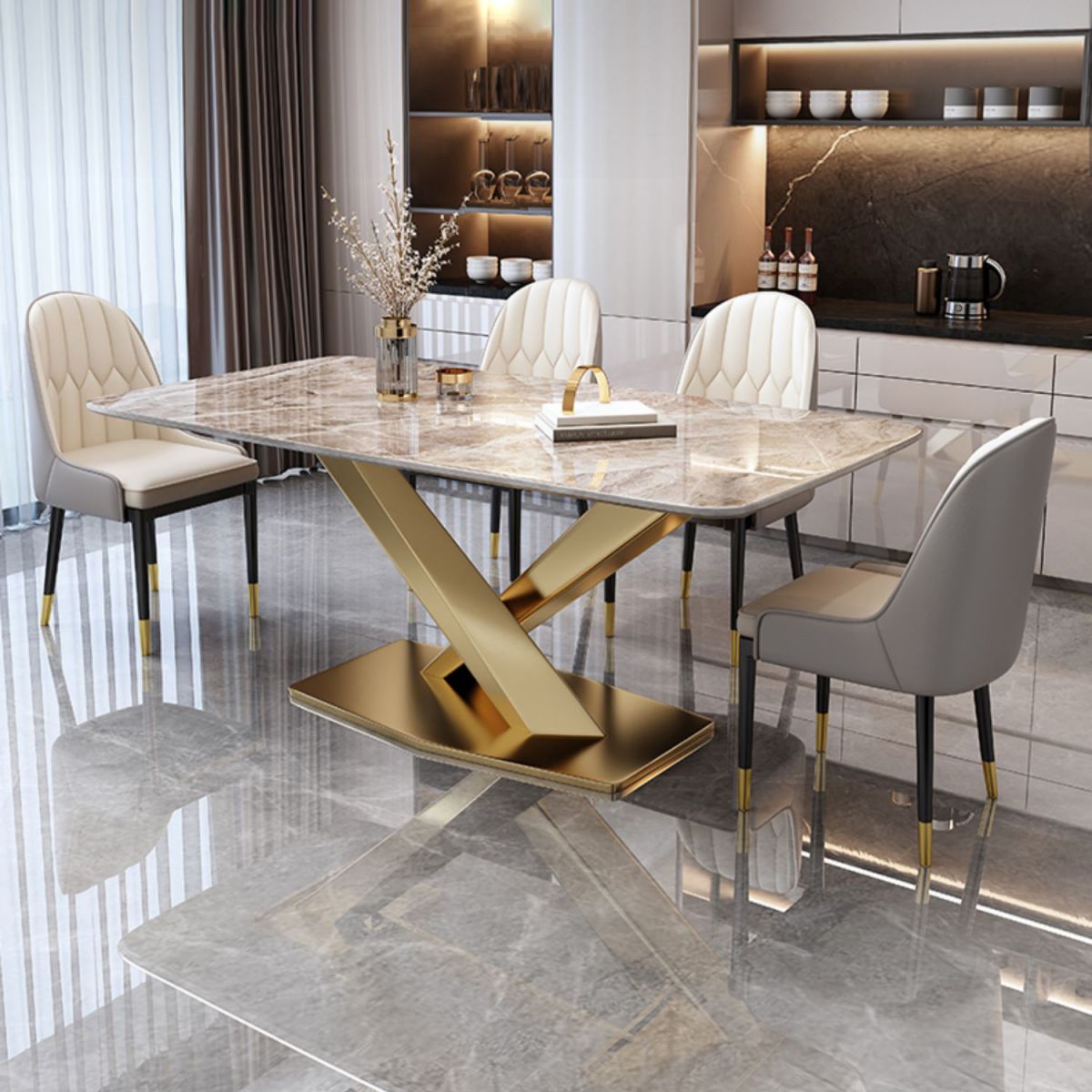 Sintered Stone Modern Dining Room Set with Rectangle Table and Metal Base Dining Set